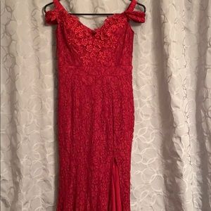 Red off the shoulder and front slit gown